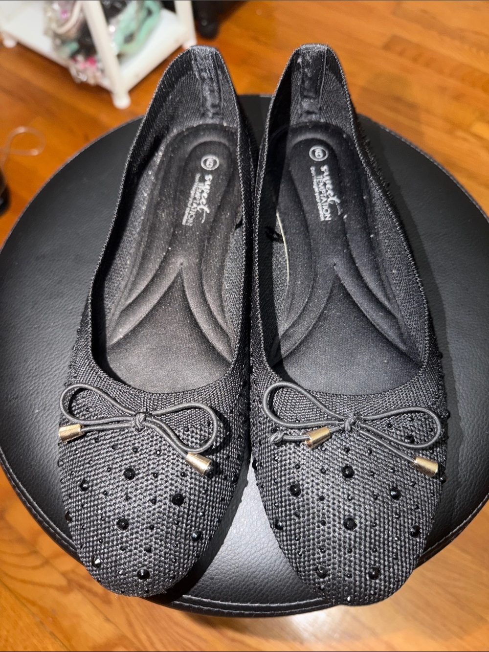 Black Bow Ballet Flats with Black Stud Embellishments with comfort support